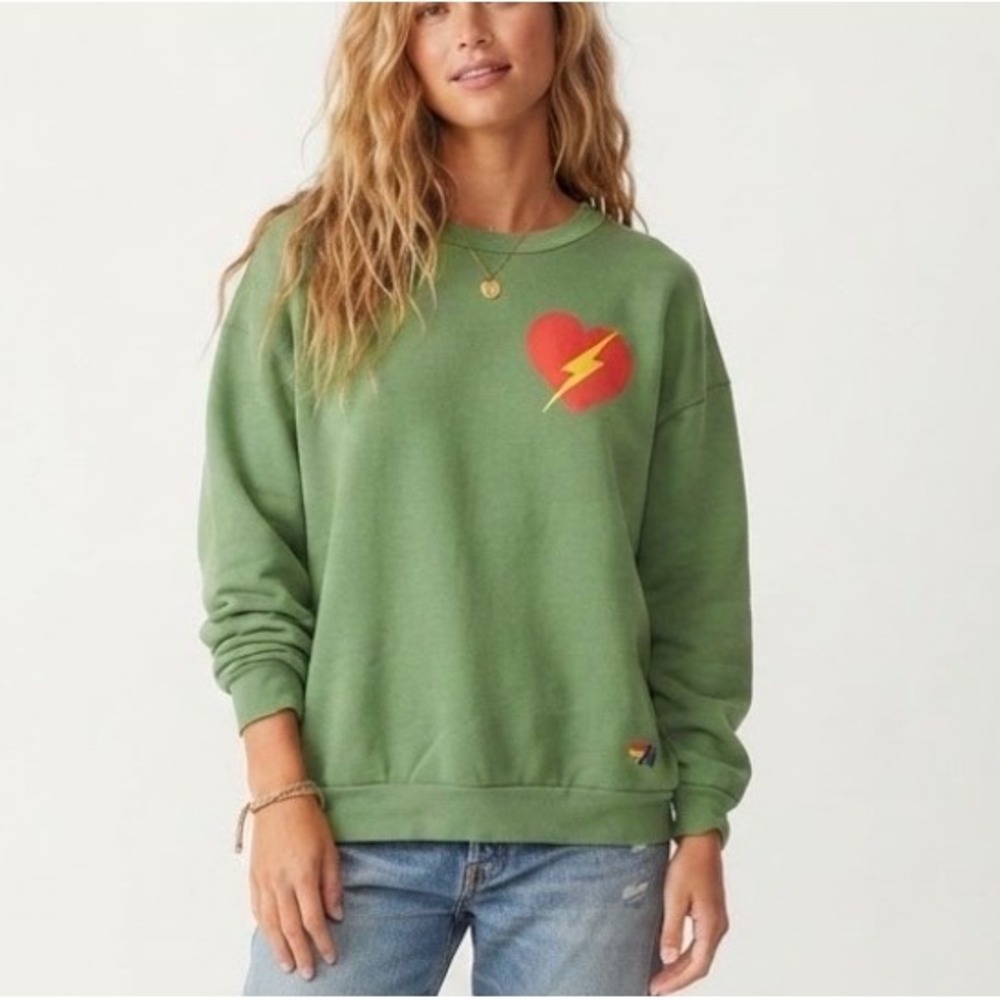 Aviator Nation Bolt Heart Relax Crew Sweatshirt Palm Green Medium